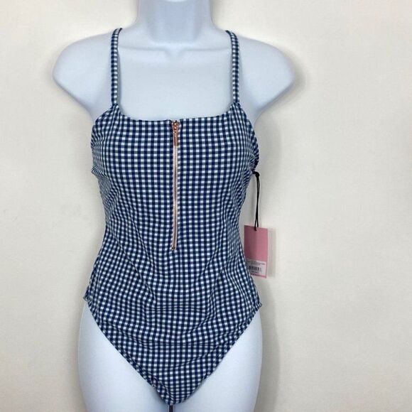 Juicy Couture WMNS L Blue Gingham One Piece Zip Up Swimsuit Open Back Classic - Picture 11 of 11